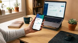  Mão feminina segurando um smartphone em uma mesa de trabalho limpa e moderna, com um laptop aberto ao fundo
