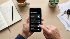 Como configurar alertas de saldo baixo e evitar taxas e surpresas na sua conta 4 Pessoa navegando por configurações de notificações bancárias em um smartphone sobre uma mesa de madeira clara