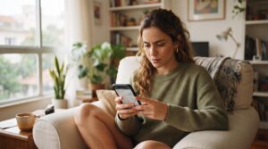  Pessoa sentada no sofá olhando para o celular com expressão de preocupação