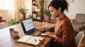 Como configurar alertas de saldo baixo e evitar taxas e surpresas na sua conta 3 Pessoa usando suéter marrom trabalha em um laptop com gráficos na tela, enquanto segura um celular e tem um caderno aberto ao lado