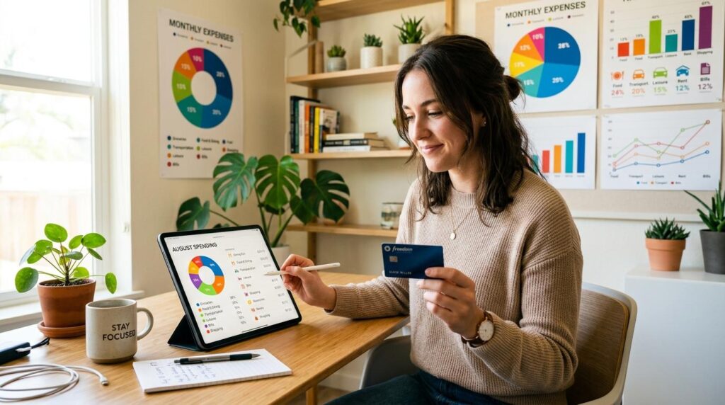Como definir limites por categoria no cartão de crédito e organizar seus gastos 6 Pessoa organizando categorias de gasto no celular com o extrato do cartão de crédito aberto