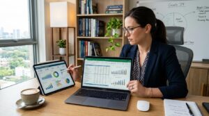  Pessoa usando laptop e tablet com gráficos financeiros em uma mesa de escritório
