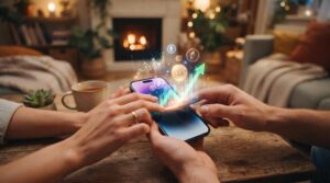  Pessoas usando um smartphone com gráficos de criptomoedas flutuando acima da tela em sala aconchegante