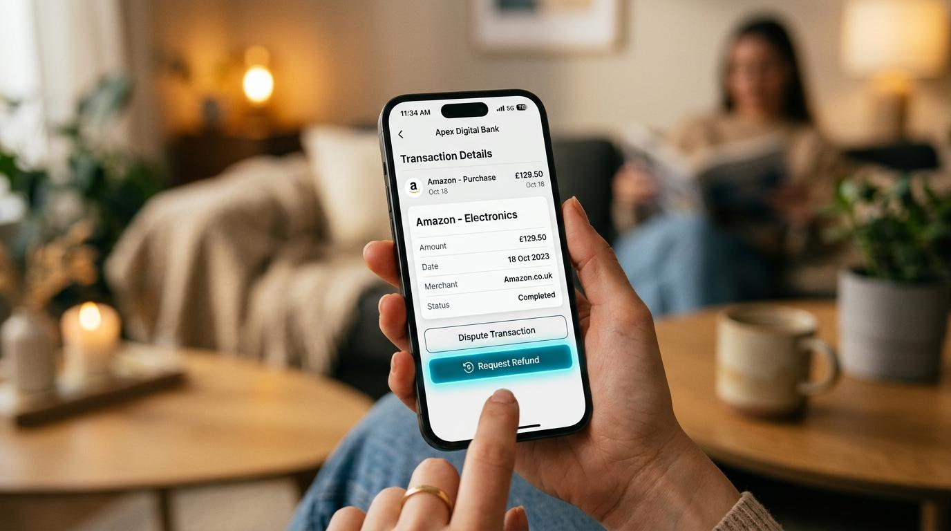 Como devolver um Pix recebido por engano sem cair em golpes e com segurança 4 Primeiro plano de um smartphone mostrando uma interface de aplicativo bancário com a opção de devolução de transação destacada na tela