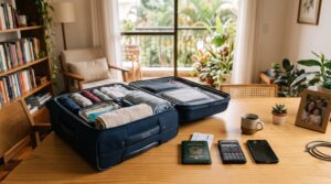 Duas malas azuis abertas com roupas organizadas sobre uma mesa de madeira, ao lado de passaporte, celular e xícara