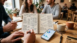 pessoas analisando caderno de finanças e celular com gráficos em mesa de madeira
